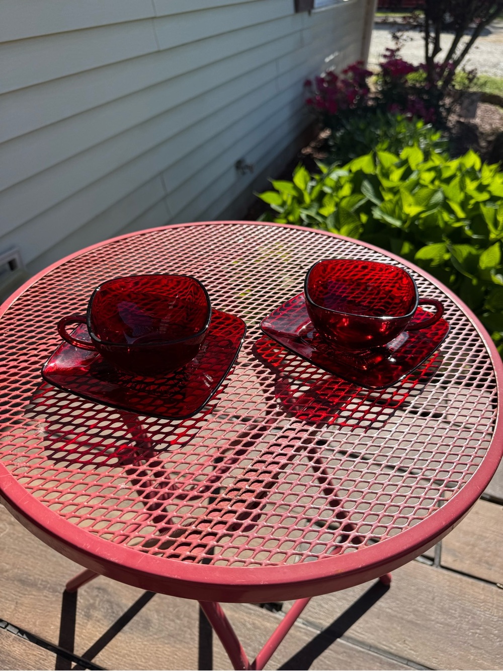 Anchor Hocking Deep Red Glass Cup and Square Saucer Set